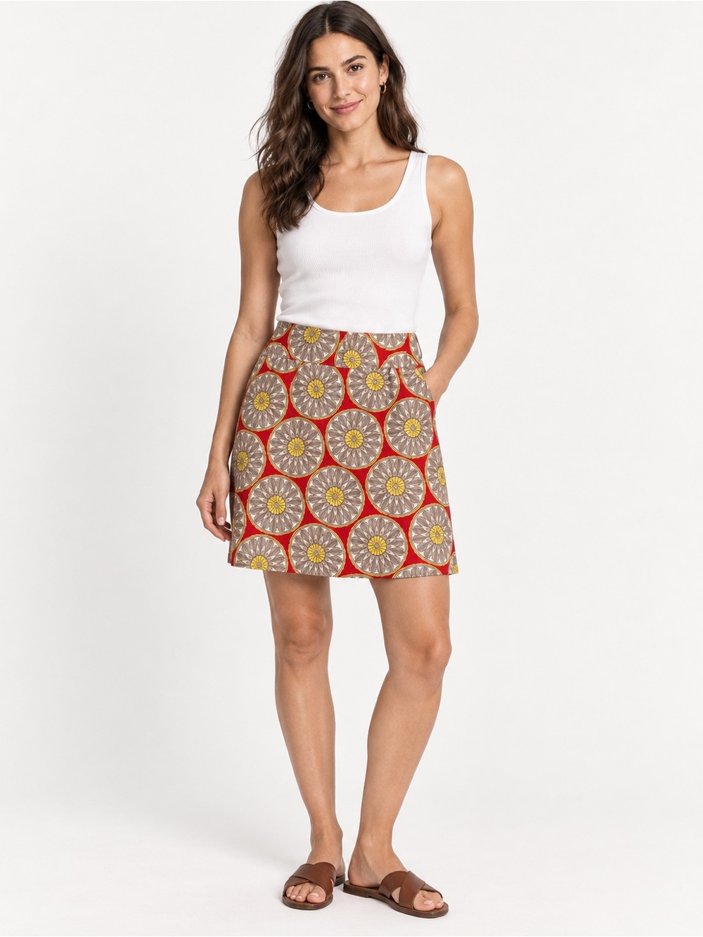 Banana Republic Red, Yellow and Gray Medallion Mini Skirt M size 8/10 (0021)